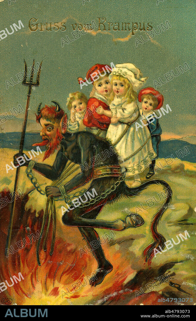 'Gruss von Krampus' : le diable ouvre la porte des enfers pour y descendre des enfants pas sages. Illustration anonyme pour une carte postale allemande vers 1910. Credit : Collection IM/KHARBINE-TAPABOR.