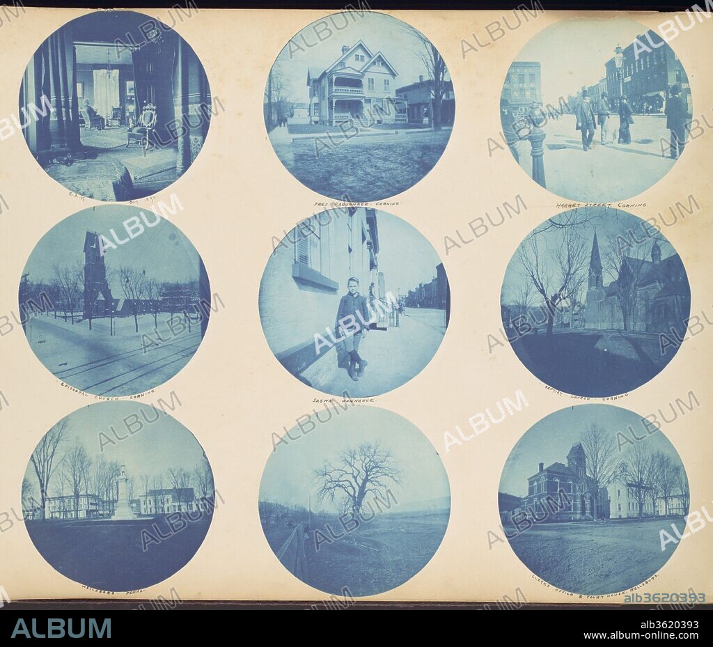 [Amateur Snapshot Album]. Artist: Unknown (American). Dimensions: 28.3 x 36.8 x 2.8 cm (11 1/8 x 14 1/2 x 1 1/8 in.). Date: 1890-92.
The Kodak Number One camera, first marketed in 1888, made photography a viable hobby for even the least technically inclined. Pre-loaded with film, its shutter fixed at one speed and focal range at one setting, and innocent of even the crudest viewfinder, the "detective" camera prompted millions to translate their daily experience into pictures. "Snapshots"-a marksman's term denoting a spontaneous shot at a moving target-became the common coin of memory; the photo album, formerly filled with commercial views and studio portraits, became a lively visual diary reflecting the events and affinities of a unique life. One such album from Corning, New York, chronicles a youthful fondness for the pets Max and Fritz, the popular new hobby of candid sidewalk portraiture, and a backyard treehouse folly called "The Roost." These prints are homemade cyanotypes, or blueprints-a relatively simple and permanent process employing iron salts that dates from photography's earliest days.