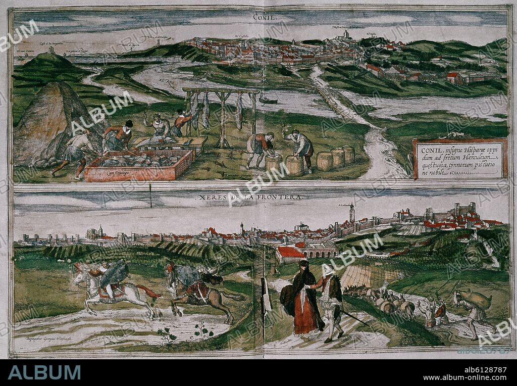 GEORG BRAUN 1541-1622 / FRANS HOGENBERG. CIVITATES ORBIS TERRARUM - CONIL Y JEREZ DE LA FRONTERA - GRABADO - SIGLO XVI.