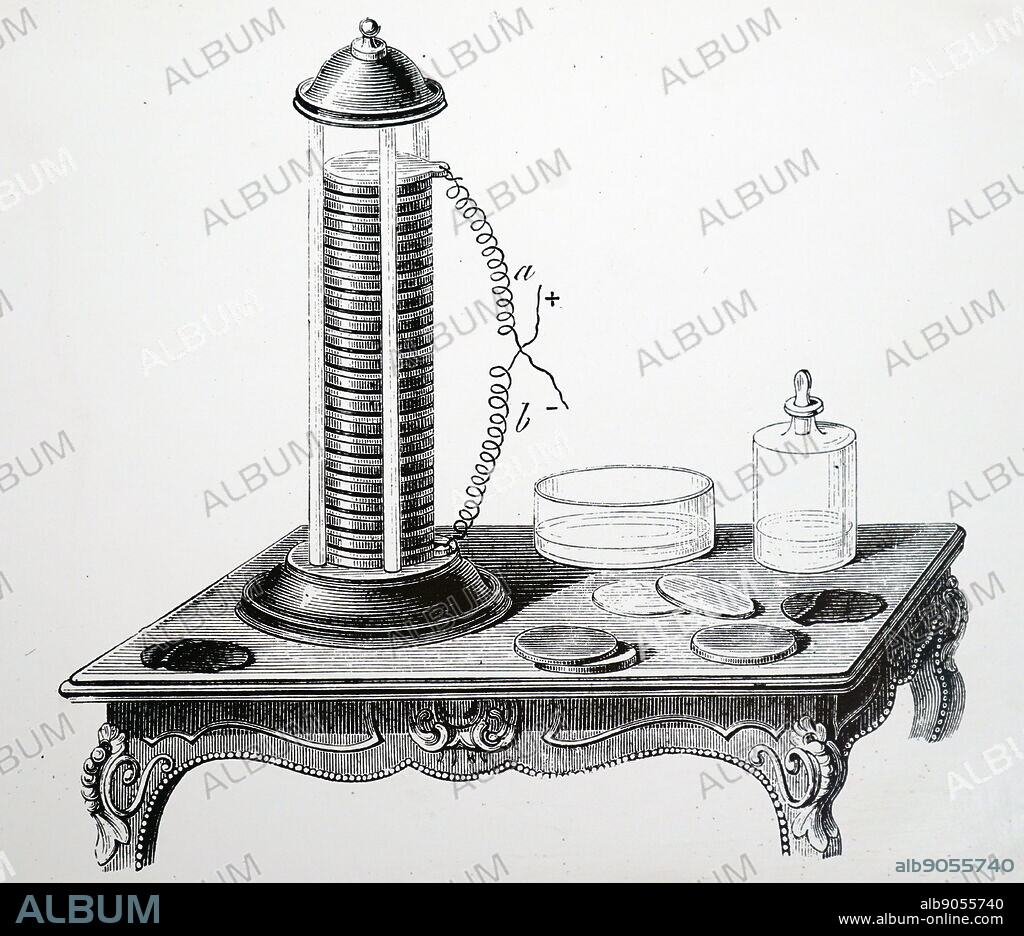 Engraving depicting Alessandro Volta's pile: the first electric battery made up of discs of zinc, copper, cloth moistened with acid, zinc, and so on.