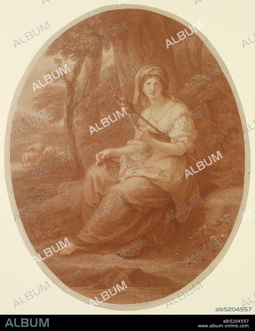 Griselda, Francesco Bartolozzi, Italian, active England, 17271815, Angelica Kauffmann, (Swiss, 17411807), Stipple engraving and etching in sanguine ink on paper, A young girl, holding a distaff, is seated under a tree, turned toward left, her head shown full-face, looking toward the spectator, the eyes turned upward. Sheep in distance, left., England, ca. 1784, Print, Print.