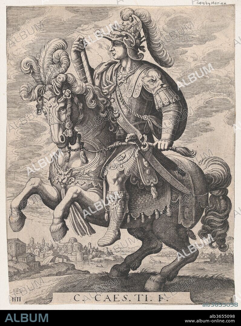 Plate 4: Emperor Gaius on Horseback, from 'The First Twelve Roman Caesars', after Tempesta. Artist: Matthäus Merian the Elder (Swiss, Basel 1593-1650 Schwalbach); After Antonio Tempesta (Italian, Florence 1555-1630 Rome). Dimensions: Sheet: 11 11/16 x 9 1/16 in. (29.7 x 23 cm). Date: 1610-50.