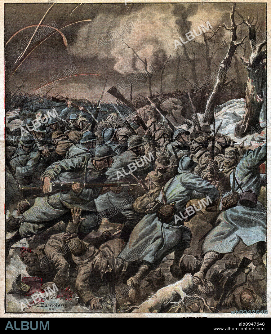 France. Illustration in: Le Petit Journal, France, 25/03/1916. Coll. Part. History. France Ist World War. French army bayonet attack at the Battle of Verdun. Illustration in: Le Petit Journal, France, March, 25, 1916.