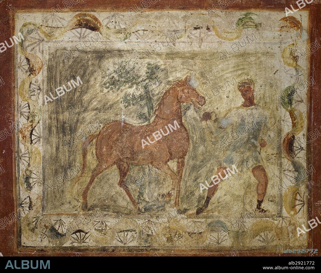 Pintura mural romana donde se representa una ESCENA DE DOMA DE CABALLO (siglo IV d. C.). Reproducción de una habitación de una casa romana (Domus) con excepcional conjunto pictórico. Museo Nacional de Arte Romano. Mérida. Provincia de Badajoz. Extremadura. España.