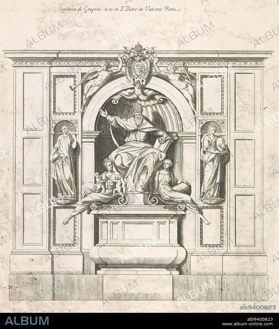 Lost tomb of Gregory XIII, The lost tomb of Pope Gregory XIII in St. Peter's Basilica in the Vatican. Print is part of an album., print maker: anonymous, (mentioned on object), Italy, in or after 1585, paper, engraving, height 436 mm × width 338 mm.