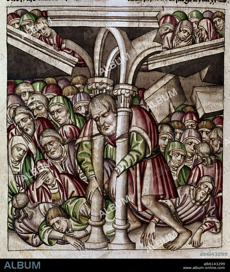 BIBLIA 113-1-J-3- SANSON DERRIBA EL TEMPLO DE DAGON-S XV-HACIA 1434-ESCUELA DE TOLEDO.
