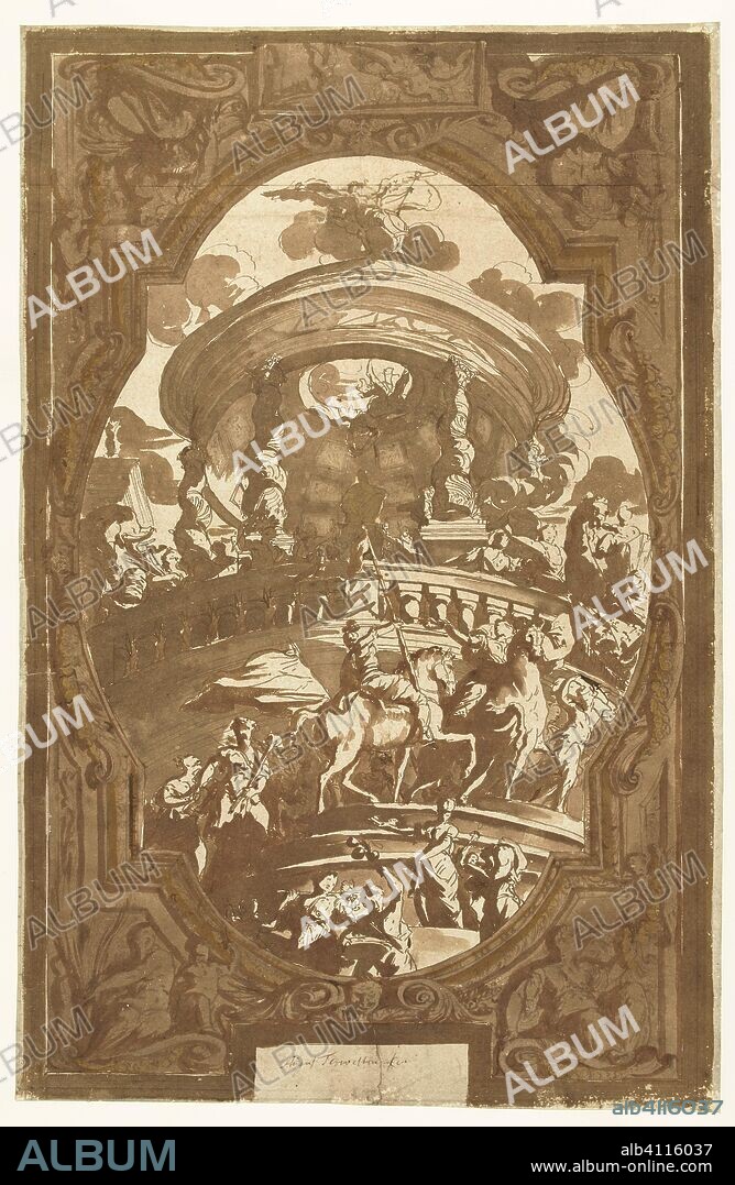 Design for a ceiling painting with the Apotheosis of a frost. Draughtsman: Augustinus Terwesten (I). Dating: 1659 - 1711. Measurements: h 603 mm × w 398 mm.