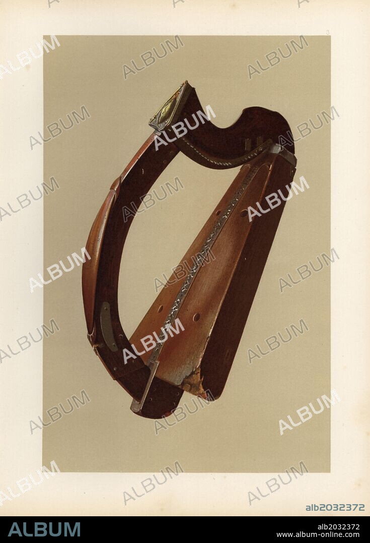 The "Clarsach Lumanach," Lamont harp or Highland harp, brought from Argyleshire to Lude in 1464. Chromolithograph from an illustration by William Gibb from A.J. Hipkins' "Musical Instruments, Historic, Rare and Unique," Adam and Charles Black, Edinburgh, 1888. Alfred James Hipkins (1826-1903) was an English musicologist who specialized in the history of the pianoforte and other instruments. William Gibb was a master illustrator and chromolithographer and illustrated "The Royal House of Stuart" (1890), "Naval and Military Trophies" (1896), and others.