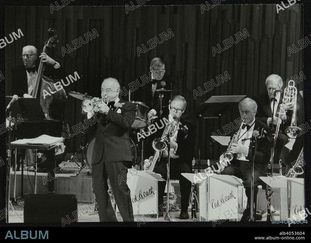 The Ted Heath Orchestra in concert, London 1985. Pictured are Lennie Bush (double bass), Kenny Baker (trumpet), Jack Parnell (drums) and Roy Willox (saxophone).