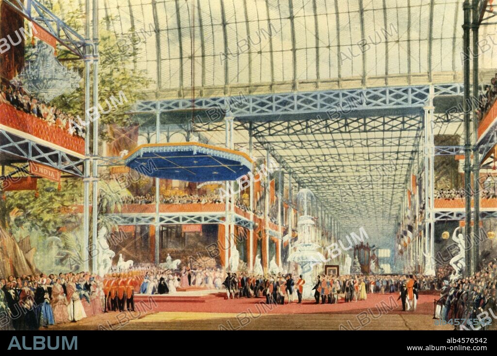 JOSEPH NASH. 'The Opening of the Great Exhibition by Queen Victoria on May 1st, 1851', (1942). Queen Victoria (1819-1901) opening the Great Exhibition in the purpose-built Crystal Palace in London's Hyde Park. Conceived by her husband Prince Albert, the exhibition was intended to showcase the 'Works of the Industry of all Nations'. The Crystal Palace was the first large-scale prefabricated ferrovitreous (iron and glass) structure, and was designed by the landscape designer, Joseph Paxton. The prefabricated design made the construction, and later dismantling of the building, easier and quicker. There were over six million admissions counted at the toll-gates - the exhibition remained open until 15 October. The entire glass building was then dismantled and re-erected in Sydenham, south London. From "Life Among the English", by Rose Macaulay. [Collins, London, 1942].