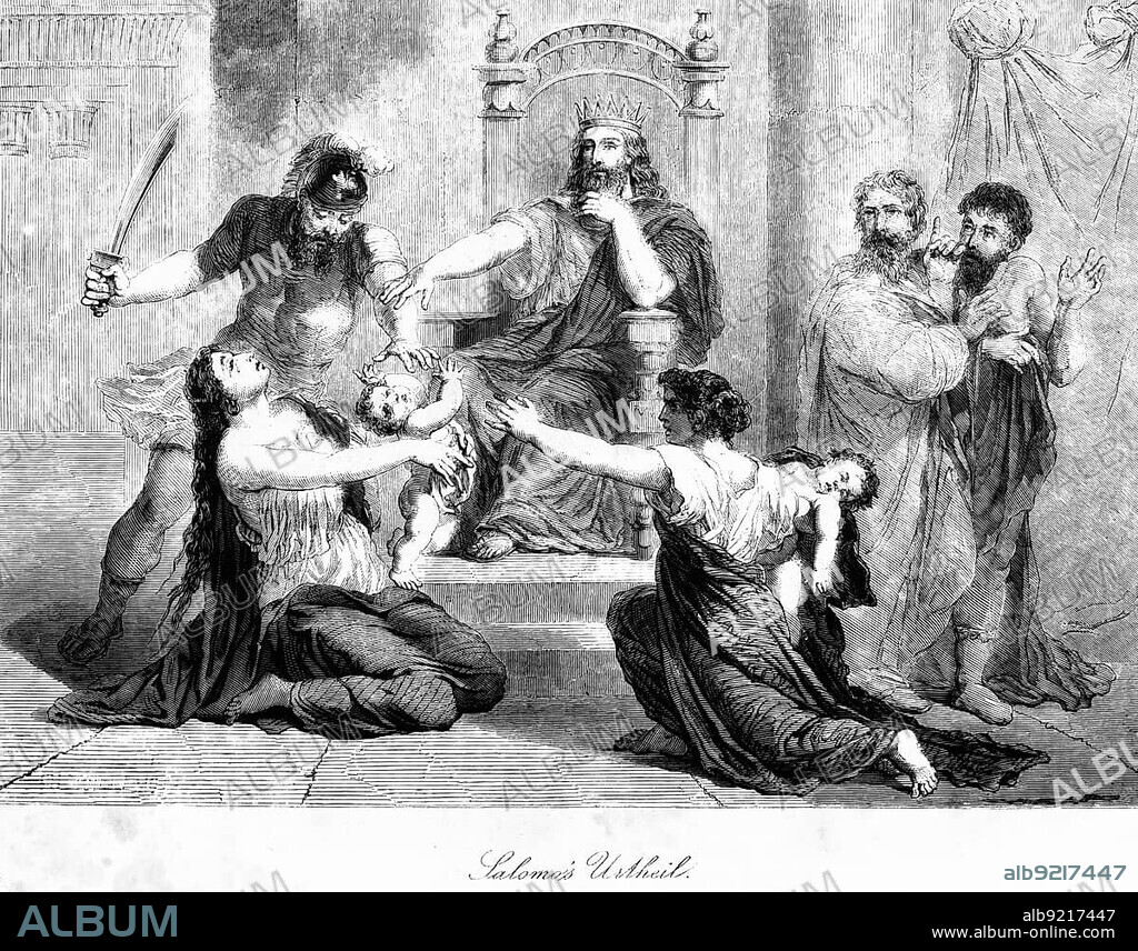 Solomon's judgement, King Solomon, throne, judgement, justice, saying, sword, horror, child, baby, group, kill, mother, Bible, Old Testament, First Book of Kings, historical illustration around 1850, Near East