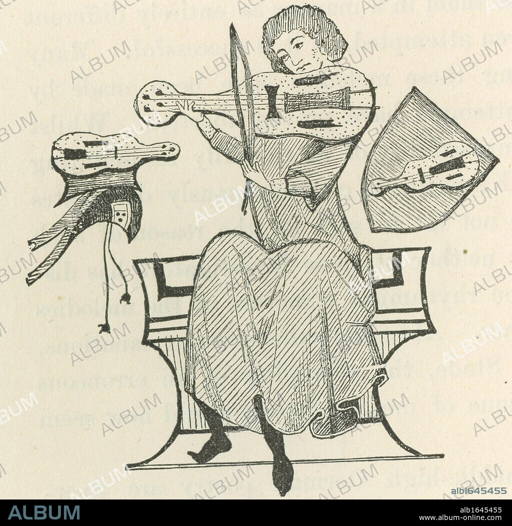 Reinmar of Hagenau, also known as Reinmar the Elder, 12th century German Minnesinger, playing a small stringed instrument, possibly a vielle. Wood engraving after a 13th century manuscript.