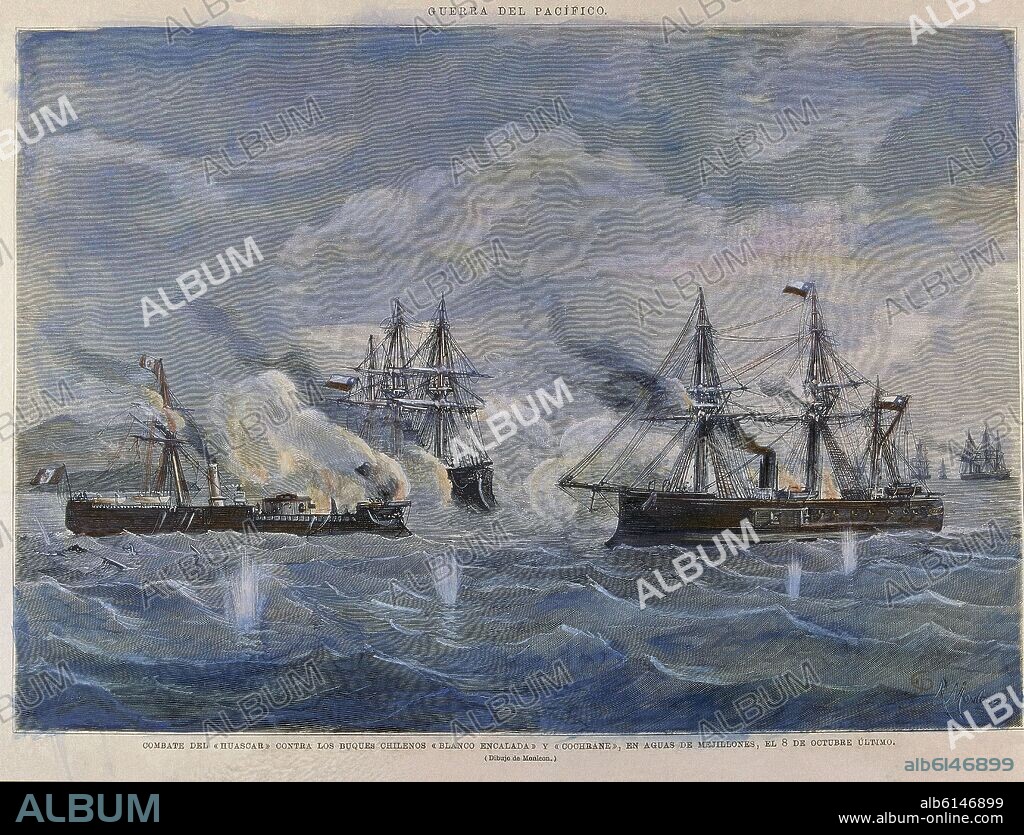 RAFAEL MONLEÓN. GUERRA DEL PACIFICO - COMBATE DEL HUASCAR (NAVIO PERUANO) CONTRA LOS BUQUES CHILENOS BLANCO ENCALADA Y COCHRANE EL 8 DE OCTUBRE DE 1879.