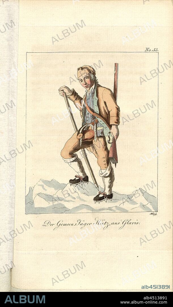 The chamois hunter Heitz, from Glaris, Illustration of the chaser Heitz from Glarus from the 19th century, signed: Weise fec, plate 55, after p. 396, Weise (fec.), 1805, Heinrich August Ottokar Reichard: Malerische Reise durch einen grossen Theil der Schweiz vor und nach der Revolution. Jena: Seidler, 1805.