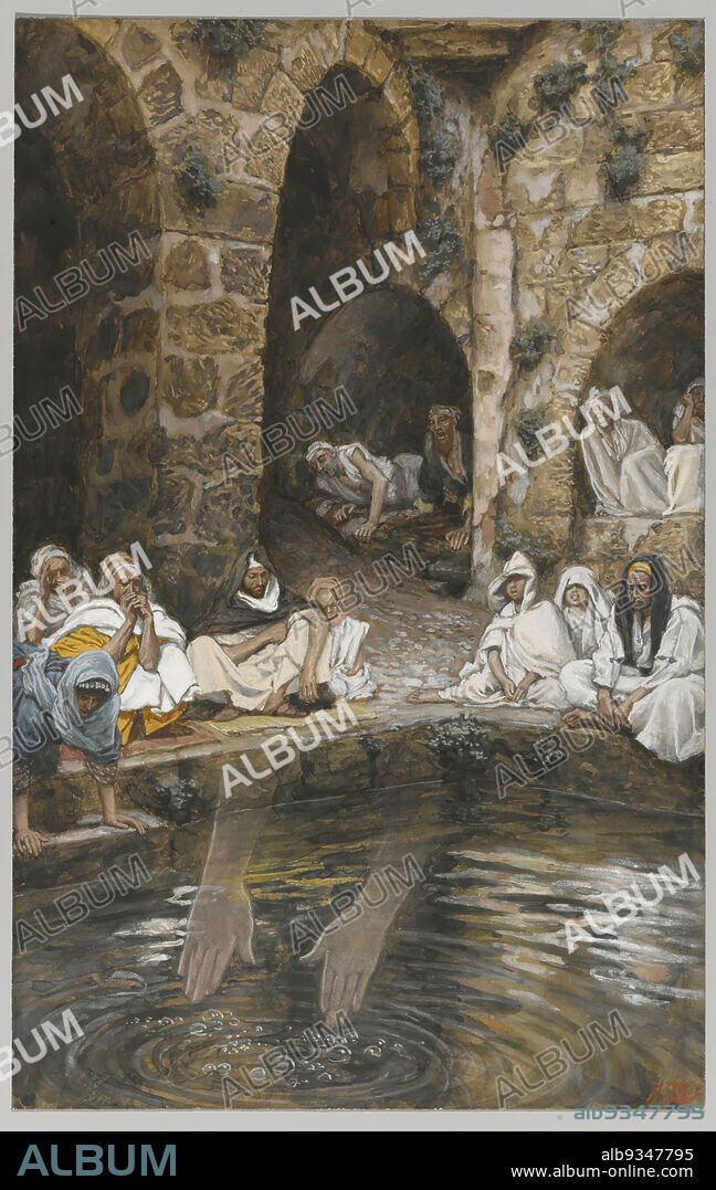 The Piscina Probatica or Pool of Bethesda, La piscine probatique ou de Bethesda, The Life of Our Lord Jesus Christ, La Vie de Notre-Seigneur Jésus-Christ, James Tissot, French, 1836-1902, Opaque watercolor over graphite on gray wove paper, France, 1886-1894, Image: 9 1/4 x 5 7/8 in., 23.5 x 14.9 cm, apparition, arches, Bible, Biblical, brick walls, brickwork, bubbles, Christianity, drapery, French, Greek, hands, inscription, John 5:4, mystical, New Testament, painting, pool, religion, Religious, stone, Tissot, Tomb, watercolor, watercolour.
