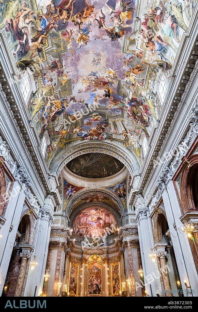 Choir, apparent dome and Baroque trompe l'œil ceiling fresco, The Triumph of St. Ignatius Loyola, Entrance into Paradise, Apotheosis of St. Ignatius, the Glorification of St. Ignatius, by Andrea Pozzo, Church of Sant'Ignazio di Loyola, Rome, Italy