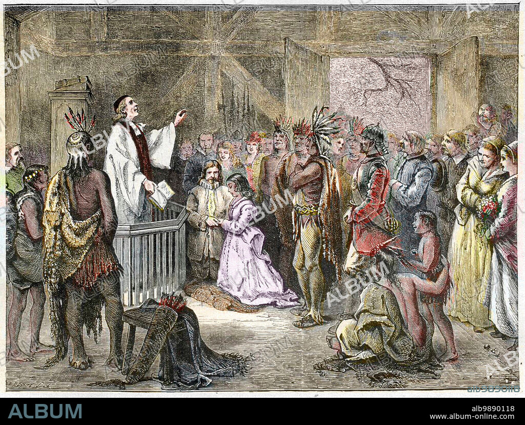 The marriage of Pocahontas (1595-1617) and John Rolfe (1585-1622) at Jamestown, Virginia, in April 1614 - engraving - Marriage of Pocahontas with John Rolfe in Jamestown, Virginia, 1614.
