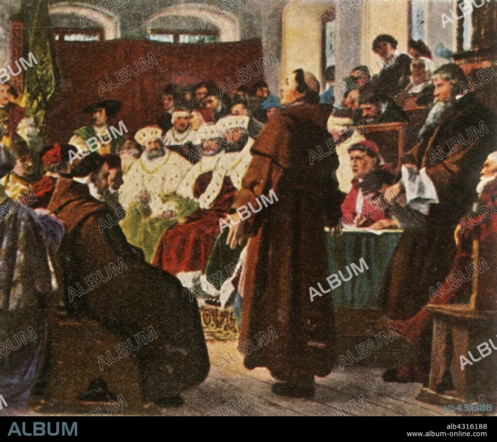 Luther at the Diet of Worms, 1521, (1936). 'Luther Auf Dem Reichstag Zu Worms, 1521'. German priest and scholar Martin Luther (1483-1546) was a major inspiration behind the Reformation. He was excommunicated by Pope Leo IX in 1521 and declared an outlaw at the Diet of Worms. (The Diet of Worms was an imperial 'diet' or assembly of the Holy Roman Empire held in Worms, Germany). Under the protection of the Elector of Saxony, Luther produced a German translation of the Bible, and he went on to found the Lutheran Protestant Church. From "Bilder Deutscher Geschichte", (Pictures of German History), No.12, cigarette card album. [Cigaretten-Bilderdienst, Altona-Bahrenfeld, Hamburg, Germany, 1936].