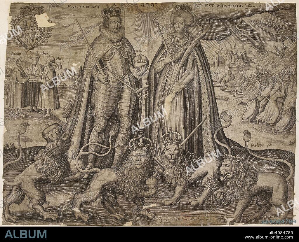 ANON. Factum Est A [Jehova] Et Est Mirabile'. Psalm 118: 23. The full line is  "A Domino factum est istud hoc est mirabile in oculis nostris.", translates as "This is the Lord's doing and it is wonderful in our eyes." A print celebrating and congratulating Frederick V and Elizabeth, newly crowned King and Queen of Bohemia; with an etching showing in the centre the crowned Frederick V and Elizabeth, both holding a sceptre and orb, in front of them four heraldic lions representing the Palatinate, Bohemia, England, and the Netherlands, in the background on the left a peaceful scene with Calvin, Luther, and Hus swearing on the Bible, on the right a battlefield with Catholic priests retreating. The name R.Holme (Randle Holme) is written on the print. . Holme Album, containing over 150 prints and drawings covering a range of subject-matter, pasted or drawn on 72 pages. The contents of the Album were collected by Randle Holme the Elder and his son. Printed at Dort by Abraham Van de Sloote, Circa 1619. There are no details or date in the original manuscripts catalogue for this image. Another full broadside version is held by the British Museum, dated 1619. Museum number 1861,1214.419. Source: Harley 2001 f.28 no.66.