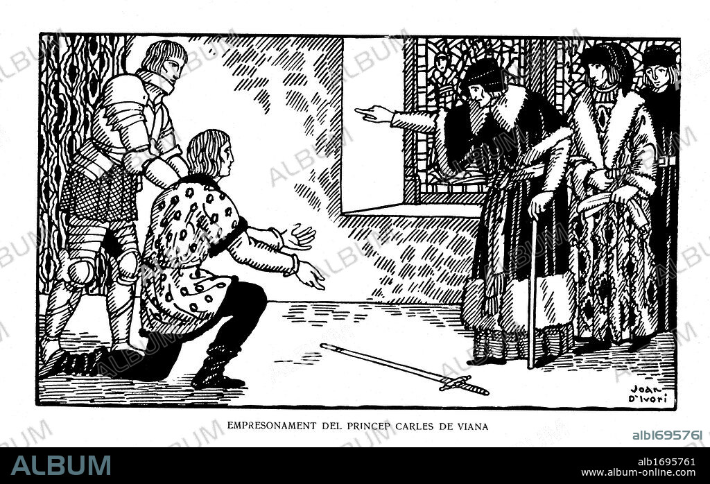 Encarcelamiento del príncipe Carlos de Viana, hermanastro de Fernando el Católico. Historia popular de Catalunya, de Alfons Roure. Editada en Barcelona, 1919. Dibujo de Joan Vila i Pujol (Joan d'Ivori) (Barcelona, 1890-1947).