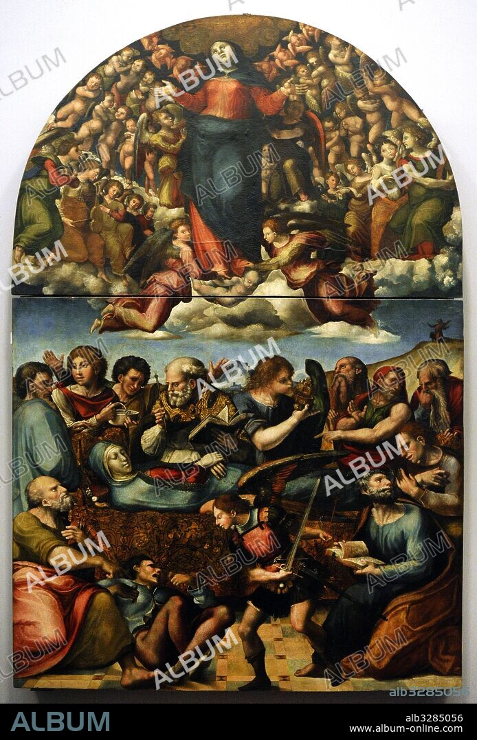 Pedro Machuca (1490-1550). Pintor y arquitecto renacentista español. "Adormición y Ascensión de la Virgen". Oleo sobre tabla. Siglo XVI. Museo de Capodimonte, Nápoles. Italia.