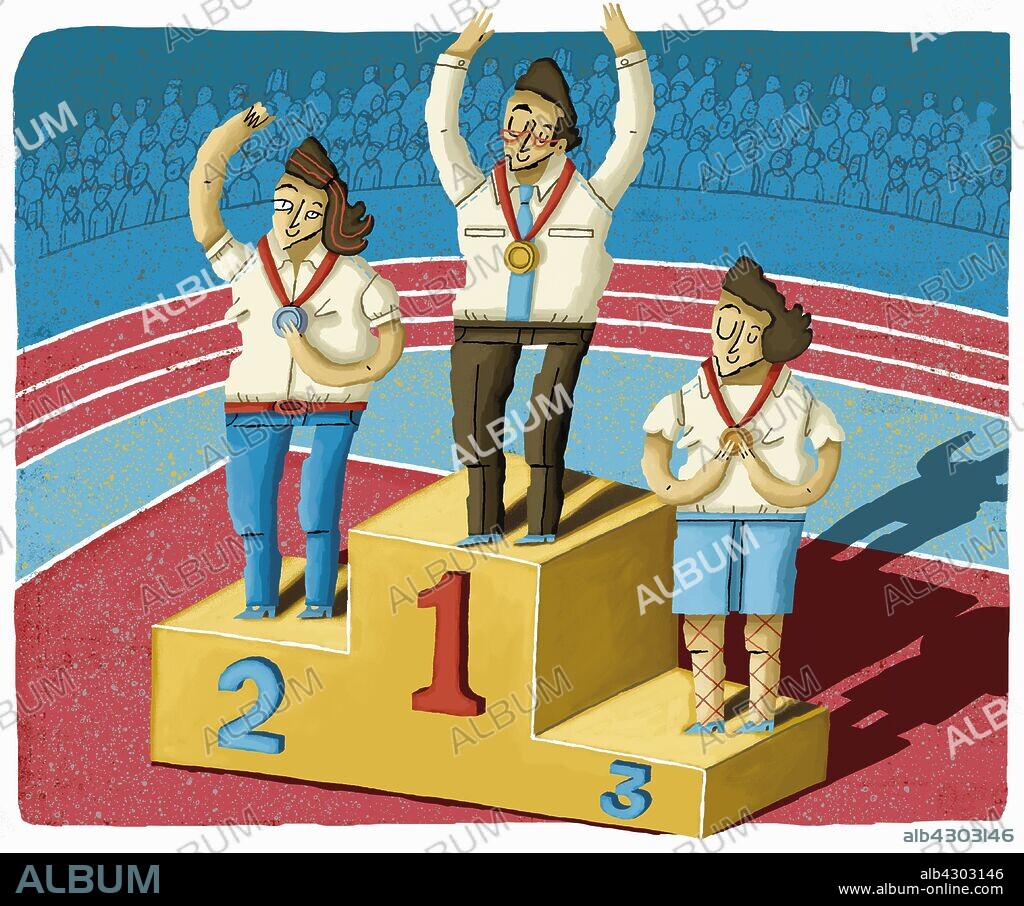 Business people celebrating success on winners podium.