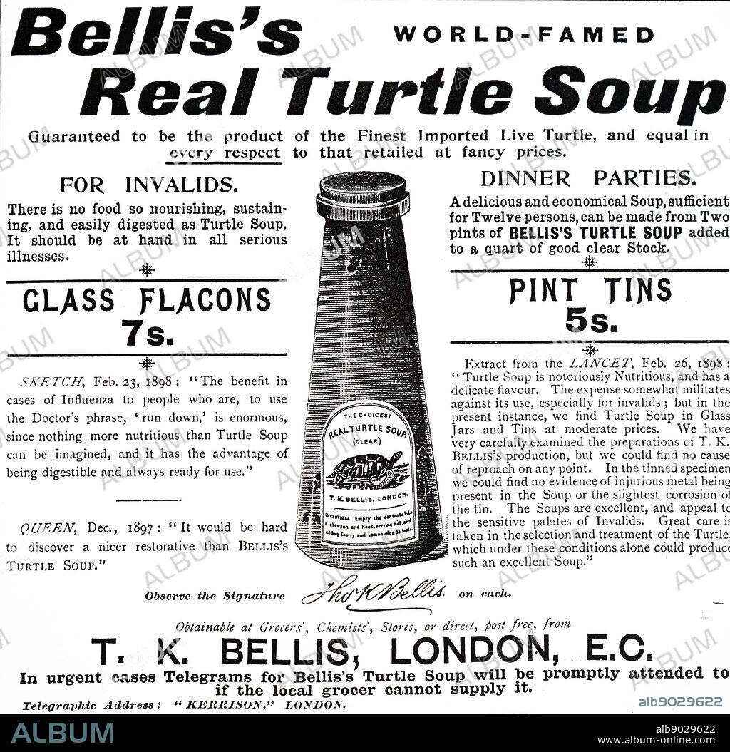 An advertisement for Turtle Soup made from an edible green sea turtle. Dated 19th century.