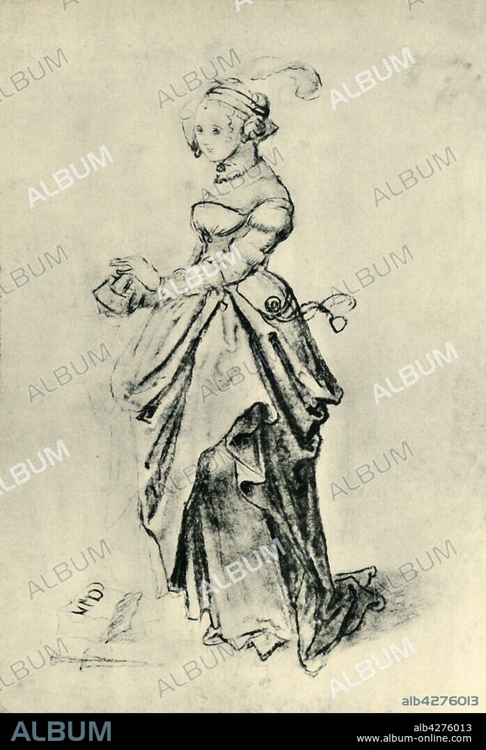 NICOLAS MANUEL DEUTSCH. Young woman, early 16th century, (1943). Drawing in the Kunstmuseum, Basel, Switzerland. From "Europäische Handzeichnungen", (Five Hundred Years of European Drawings), by Bernhard Degenhart. [Atlantis-Verlag Berlin, Zürich, 1943].