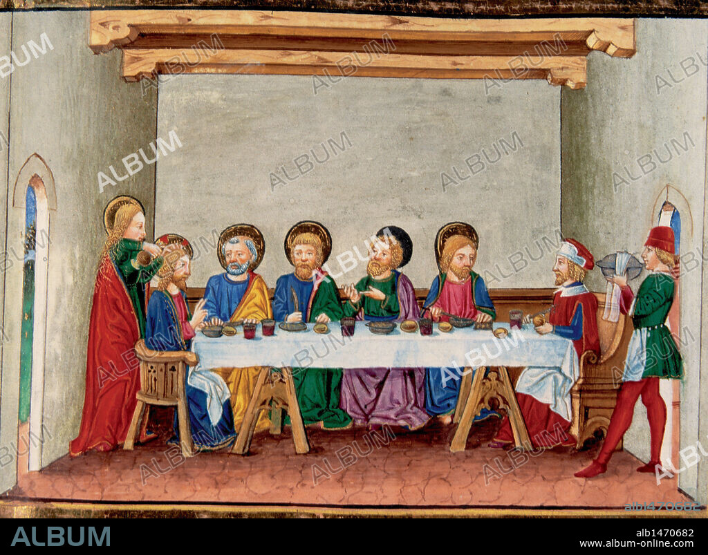 "JESUS, MIENTRAS ESTAN SENTADOS A LA MESA, EN BETANIA, ES UNGIDO CON UN UNGUENTO PRECIOSO POR UNA MUJER". Miniatura del Códice de Predis. S. XV. Biblioteca Real. Turín. Italia.