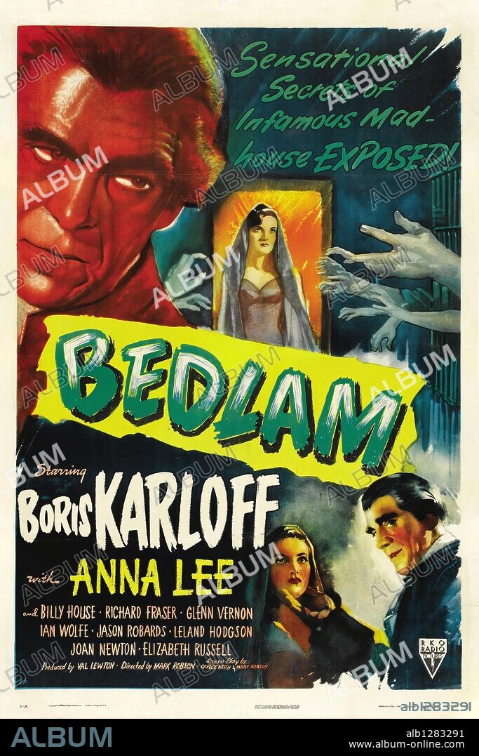 Poster de BEDLAM, 1946, dirigida por MARK ROBSON. Copyright RKO RADIO.