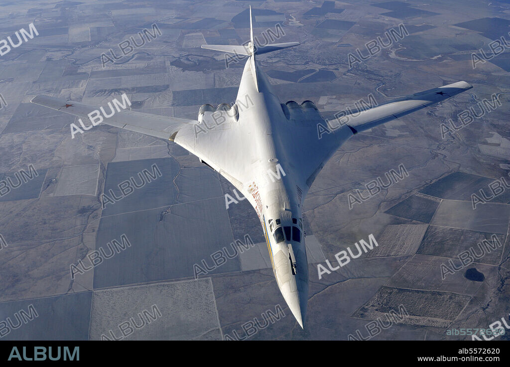Tupolev Tu-160M strategic bomber of the Russian Air Force flying over Russia.