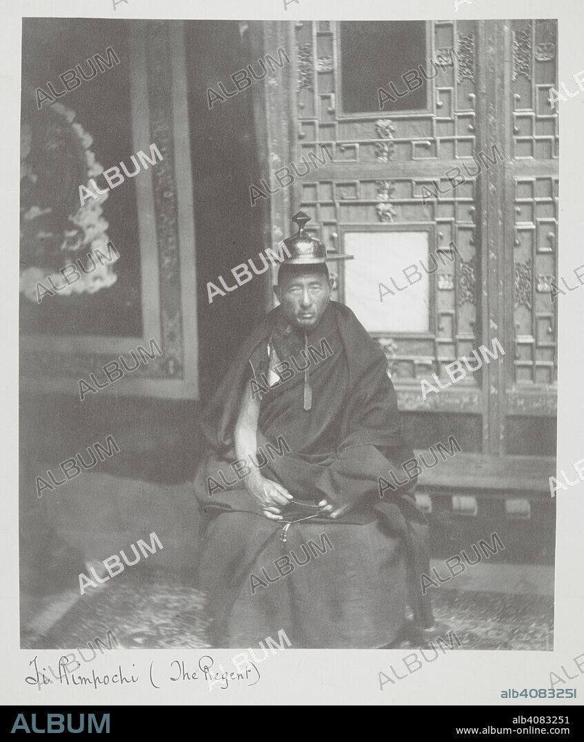 JOHN CLAUDE WHITE. Ti Rimpochi (The Regent), [Lhasa]. Full-length seated portrait. The caption in Tibet and Lhasa reads: 'Ti Rimpochi, of Galdan Monastery, who has risen from the lowest ranks of the priesthood to be the most learned and revered Dictor of Divinity throughout Tibet, and who now, by virtue of a decree of the Chinese Emperor, is acting as Regent. It was with him that the Dalai Lama left the ecclesiastical seal when he fled, and it was he who affixed this seal, and his own, to the Treaty signed in the Po-ta-la on the 7th September, 1904'. . Tibet (Curzon collection.). c.Sep 1904. Source: Photo 430/53.(82).