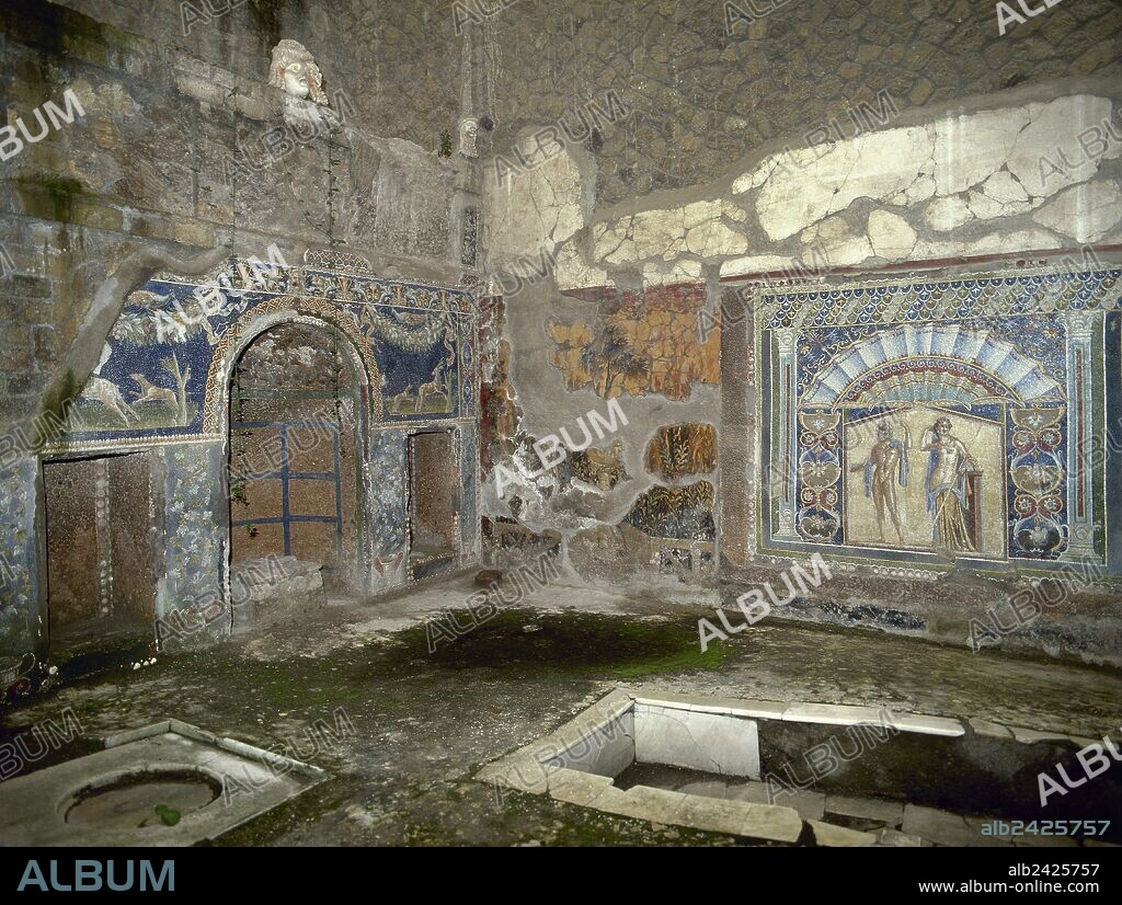 ARTE ROMANO. ITALIA. CASA DE NEPTUNO Y ANFITRITE. Vista general del gran ATRIO, adornado con un mosaico policromado con un ninfeo con escenas de caza por un lado, y por el otro la representación del mito de Neptuno y Anfitrite. HERCULANO. La Campania.