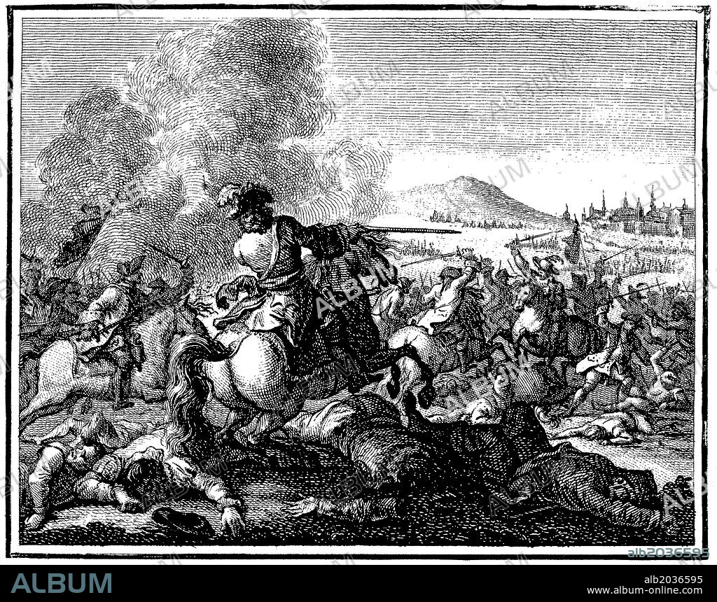 Guerra de sucesión (1714). España. Siglo XVIII. Batalla de Almansa. El duque de Berwik al mando de las tropas de Felipe V derrota las del archiduque Carlos el 25 de abril de 1707. Grabado de época.