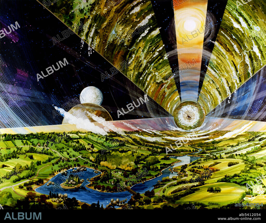 Interior view  of cylinder colony looking out through large windows. In the 1970s, three space colony summer studies were conducted at NASA Ames Research Center. Artistic concepts were designed and rendered for colonies housing about 10,000 people. Space colonization is permanent human habitation off the planet Earth. No space colonies have been built so far. The building of a space colony would present a set of huge technological and economic challenges.