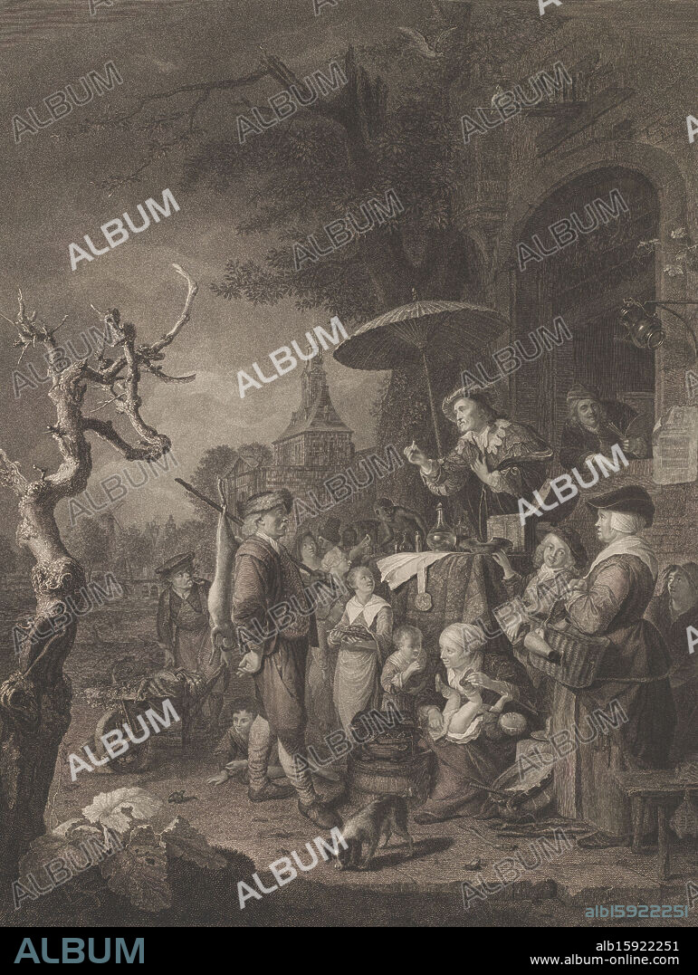 Quack on a square with listeners, The Quack, Text in English and French in the bottom margin., print maker: Carl Ernst Christoph Hess, after painting by: Gerard Dou, publisher: Valentine & Rupert Green, London, 1794, paper, etching, height 674 mm × width 483 mm, print.