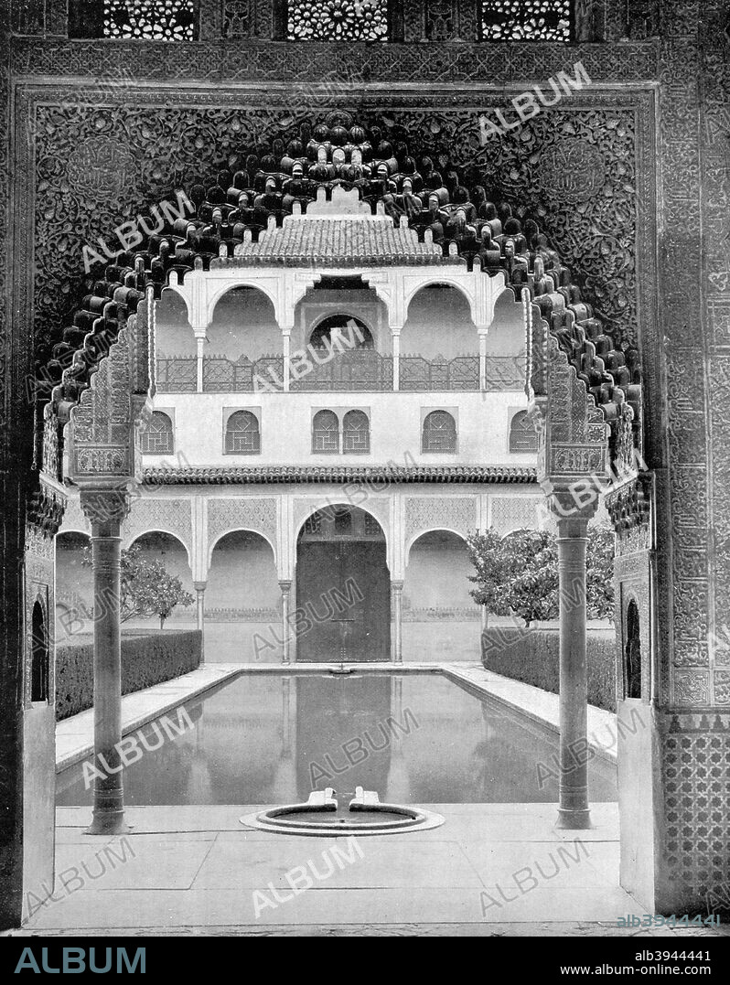 Court of the Myrtles, Alhambra, Spain, 1893. A courtyard of the Moorish palace in Granada. Illustration from Portfolio of Photographs of Famous Cities, Scenes and Paintings, (The Werner Company, Chicago, c1893).