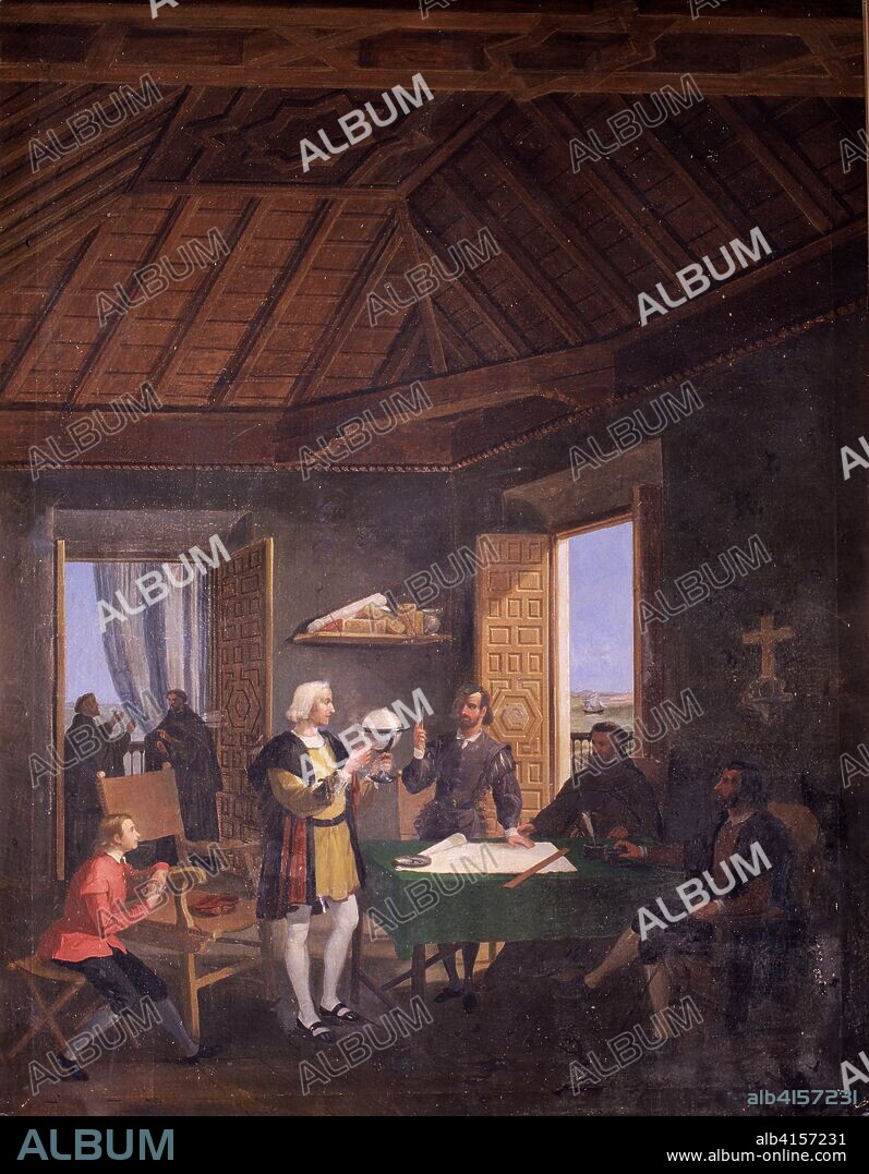 JUAN CABRAL BEJARANO (1835-1900). COLON, CRISTOBAL NAVEGANTE GENOVES. 1451-1506 " COLON EXPONE EN LA RABIDA SUS TEORIAS SOBRE EL NUEVO MUNDO " OLEO DE JUAN CABRAL BEJARANO MONASTERIO DE LA RABIDA.