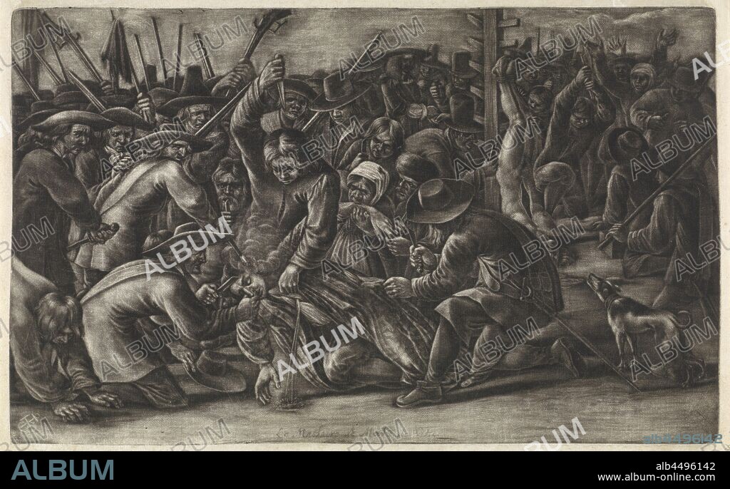 Mutilation of the bodies of the De Witt brothers, 1672, The mutilation of the bodies of the brothers Johan and Cornelis de Witt, 20 August 1672. In the foreground the body of one of the brothers is mutilated by the angry mob. At the back right the other brother's carved body hangs upside down on a pole., Hendrick Danckerts, Northern Netherlands, 1672 - 1680, paper, h 225 mm × w 360 mm.