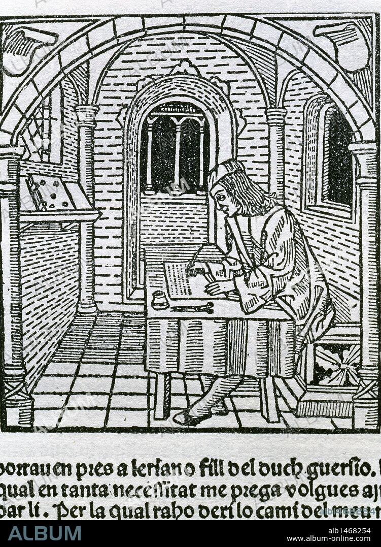 LITERATURA CASTELLANA. SIGLO XV. SAN PEDRO, Diego de. Escritor español del que hay poca documentación y que, hacia el 1459, estaba al servicio del Maestre de Calatrava, Pedro Girón. "CARCEL DE AMOR". Grabado de la edición impresa en Barcelona en el año 1493. Traducción al catalán.