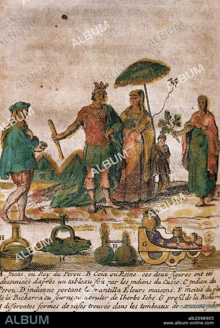 INDIGENAS DE AMERICA DEL SUR. PERU. SIGLO XVIII. "Diversos tipos de indios y objetos del Perú". A-Inca o rey del Perú. B-Reina. C-Indio del Perú. D-India llevando una mantilla. E-Casas habitadas por indios. F-Mitad del horno para hervir la hierba Icho. G-Perfil de la "Bicharra" H-Diferentes formas de vasijas encontradas en las tumbas de los indios ancianos. Grabado francés del año 1716.