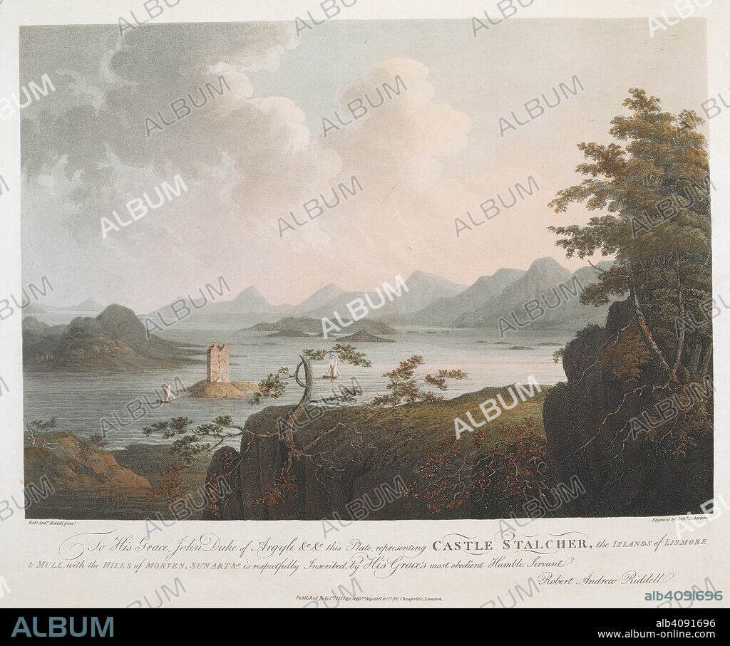 R. A. RIDDELL and A ROBERTSON. A view over a lake with a castle on an island; boats on the water; trees throughout the scene; mountains in the distance. To His Grace, John duke of Argyle &c &c this Plate, representing CASTLE STALCHER, the ISLANDS of LISMORE & MULL, with the HILLS or MORVEN, SUNART &c is respectfully Inscribed by His Grace's most obedient Humble Servant Robert Andrew Riddell. [London] : Published July 1st 1812 by Messrs Boydell&Co 90 Cheapside, London., [July 1 1812]. Aquatint and etching with hand-colouring. Source: Maps K.Top.49.4.g. Language: English.