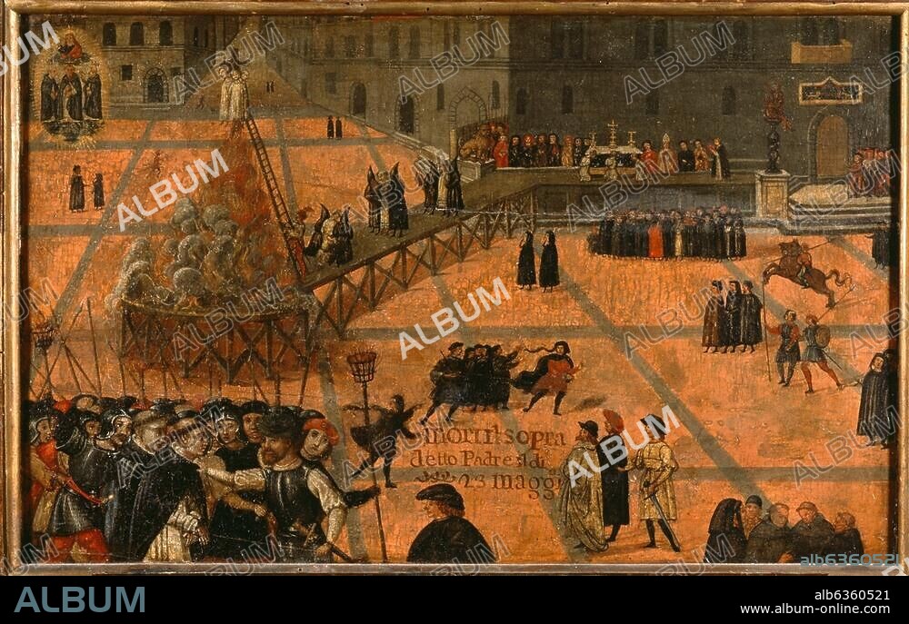 ANONYME. Savonarola, Girolamo. Italian sermonizer (moralizer), Ferrara 21.9.1452 - (executed) Florence. 23.5.1498. "Savonarola's execution on the Piazza della Signoria". Painting, Italian, 17th century. Florence, Museo di San Marco.