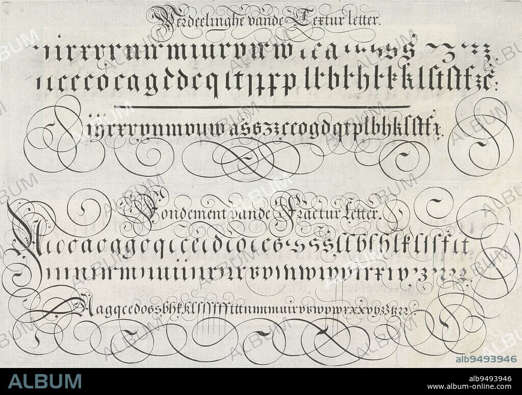 Two representations on an album page. These are two writing examples. Above three lines of letters with title in gothic textura. Below three lines of letters with title in fraktur. Both with scrollwork and at the bottom a horizontal line. The prints are part of an album, Two writing examples: textura and fraktur Verdeelinghe vande Textur letter / Fondement vande Fractur letter Spieghel der schrijfkonste (series title), print maker: Simon Frisius, Jan van de Velde (I), print maker: Haarlem, Rotterdam, 1605, paper, engraving, h 83 mm × w 242 mm × h 84 mm × w 241 mm.