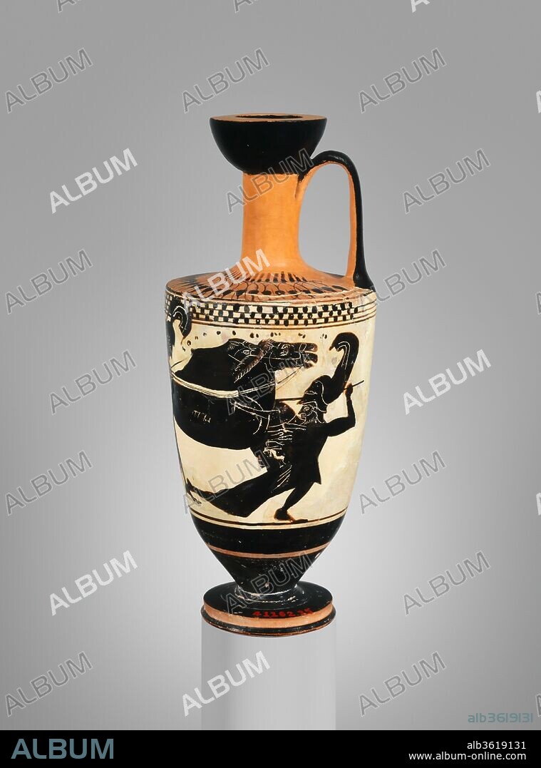 Terracotta lekythos (oil flask). Culture: Greek, Attic. Dimensions: H. 6 13/16 in. (17.3 cm); diameter 2 13/16 in. (7.2 cm). Date: ca. 500 B.C..
Athena fighting giant.