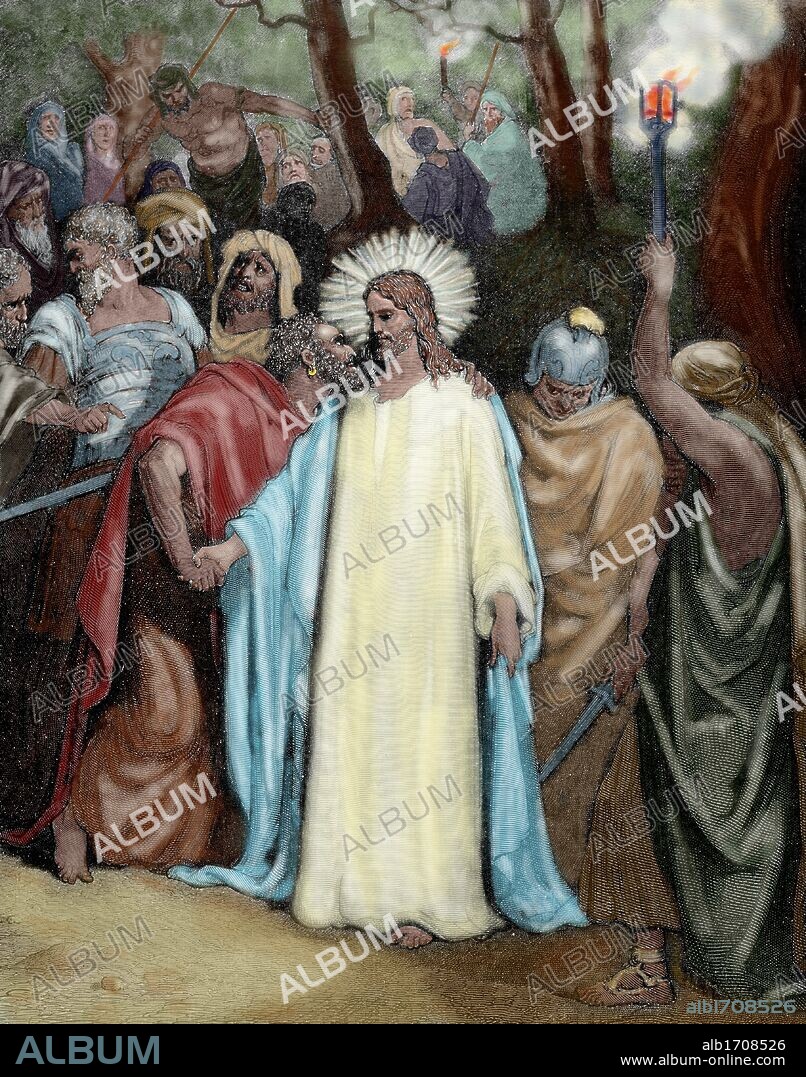 'EL BESO DE JUDAS'. Evangelio de San Juan. Dibujo de Gustave Doré y grabado por Pannemaker. Coloreado.