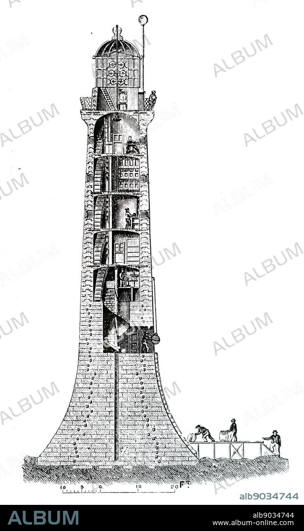A sectional view of the Bell Rock Lighthouse, located off the coast of Angus, Scotland, designed by Robert Stevenson. Robert Stevenson (1772-1850) a Scottish civil engineer and famed designer and builder of lighthouses. Dated 19th century.