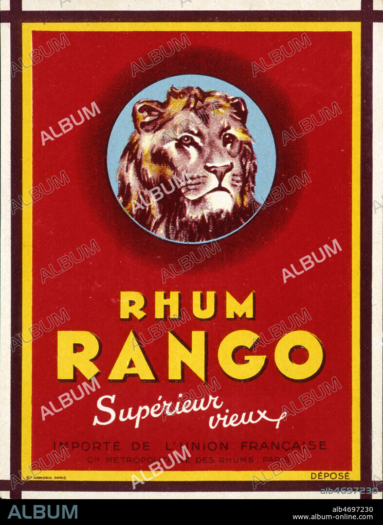 Etiquette du Rhum RANGO superieur vieux avec une tete de lion en ecusson. Credit : Collection KHARBINE-TAPABOR.