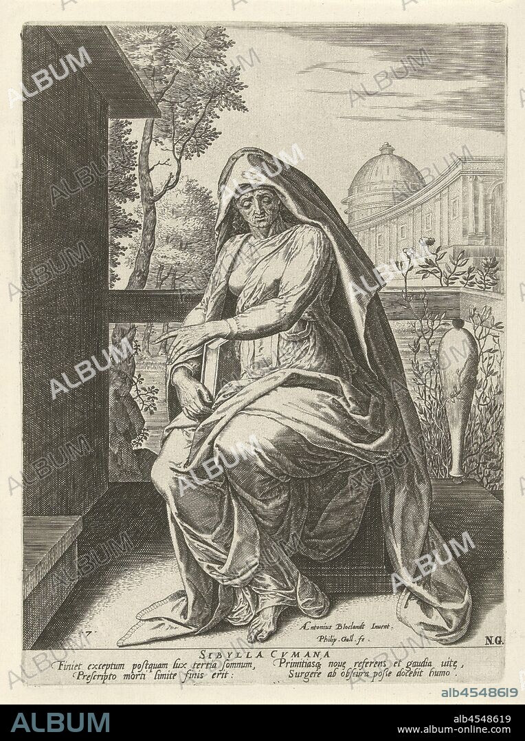 Cimmerian Sibille Sibylla Cvmana (title on object) Sibillen (series title), The Cimmerian Sibille, an old woman, sits on a pedestal. She is holding a book. The print has a Latin caption and is part of a ten-part series about the Sibils, sibyls (with NAME), Philips Galle (mentioned on object), 1575, paper, engraving, h 291 mm × w 202 mm.