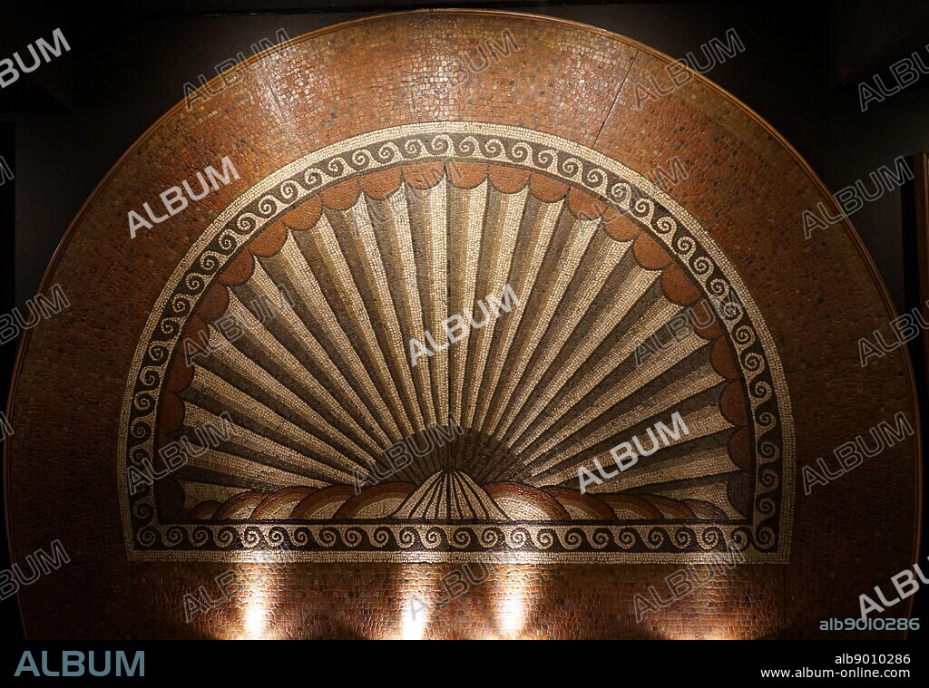 Roman British Mosaic, found at Verulamium, southwest of the modern city of St Albans in Hertfordshire, Great Britain. The Roman settlement was granted the rank of municipium around AD 50. Verulamium contained a forum, basilica and a theatre.